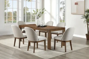 Phoenix Dining Collection with Chestnut Brown table and light gray upholstered chairs