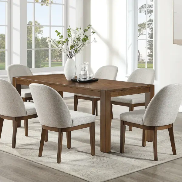 Phoenix Dining Collection with Chestnut Brown table and light gray upholstered chairs
