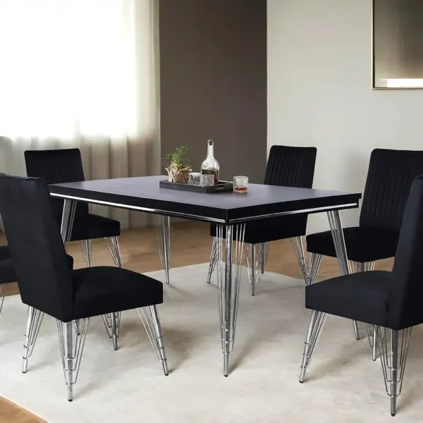 Ava Dining Collection with black table, chrome legs, and upholstered velvet chairs by New Classic Furniture