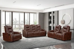 Chester Motion Collection in brown PU leather with reclining sofa, console loveseat, and glider recliner