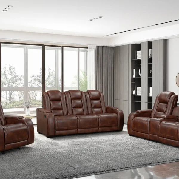 Chester Motion Collection in brown PU leather with reclining sofa, console loveseat, and glider recliner