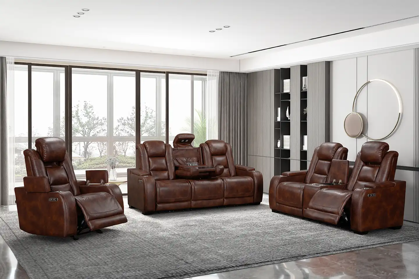 Chester Motion Collection in brown PU leather with reclining sofa, console loveseat, and glider recliner