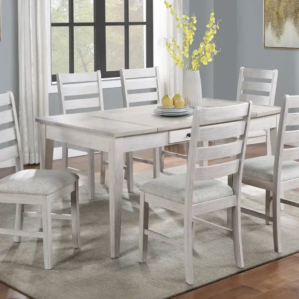 Echo Dining Collection in Driftwood finish with storage table and upholstered ladderback chairs by New Classic Furniture