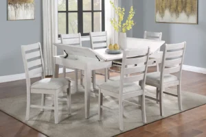 Echo Dining Collection in Driftwood finish with storage table and upholstered ladderback chairs by New Classic Furniture