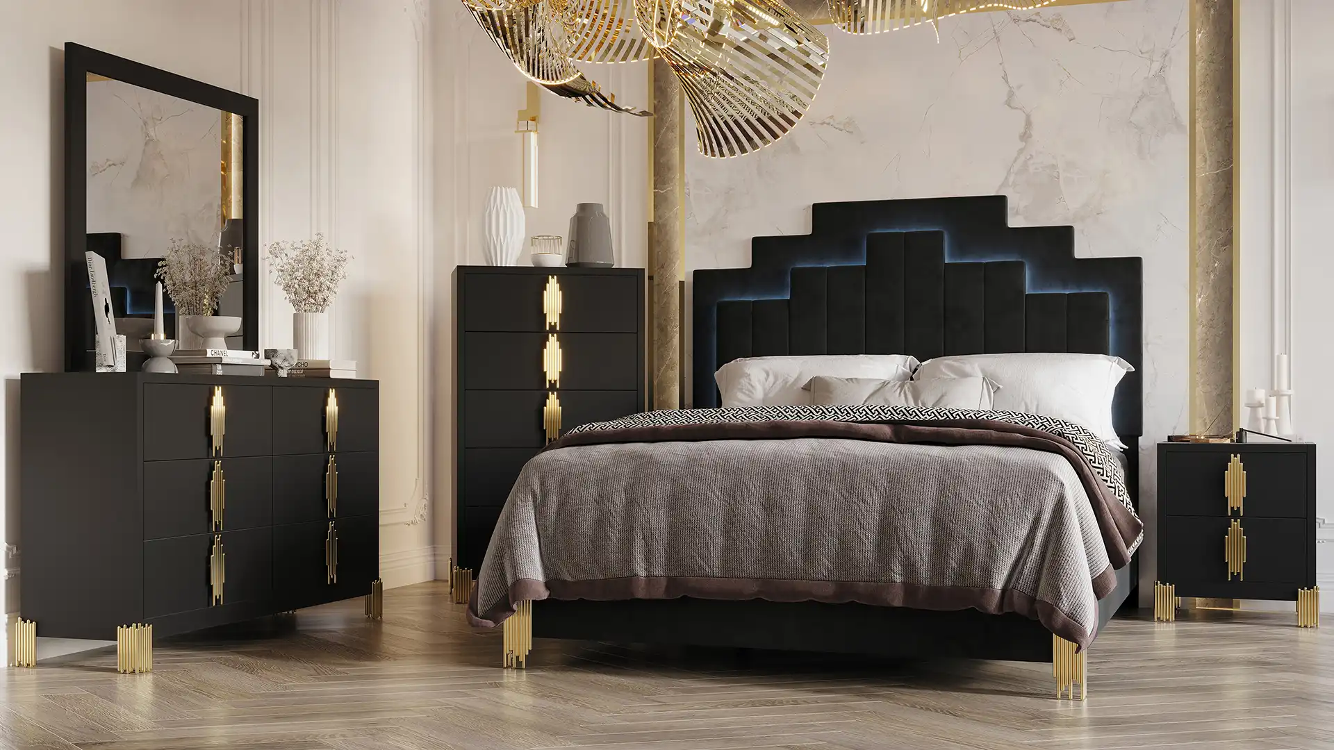 Empire Bedroom Collection by New Classic Furniture displayed in a modern showroom with gold accents and elegant black finishes.
