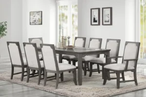 Lisbon Dining Collection in gray with upholstered chairs and extendable table featuring marble inlay