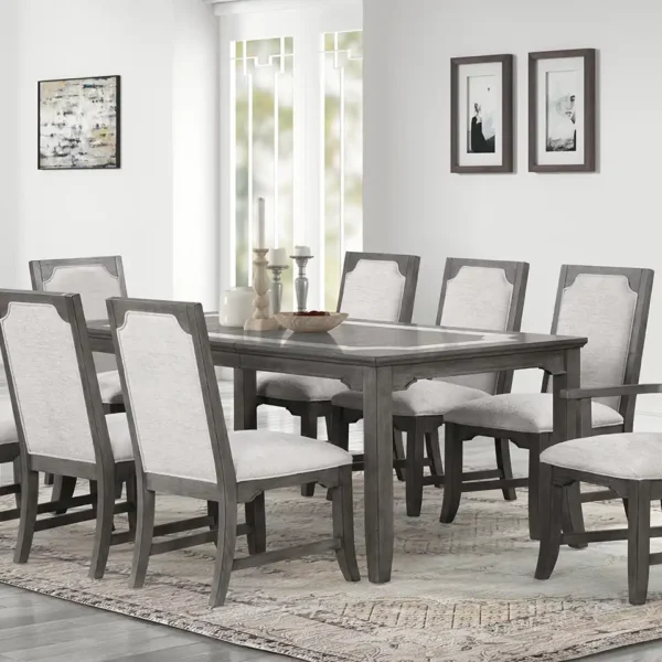 Lisbon Dining Collection in gray with upholstered chairs and extendable table featuring marble inlay