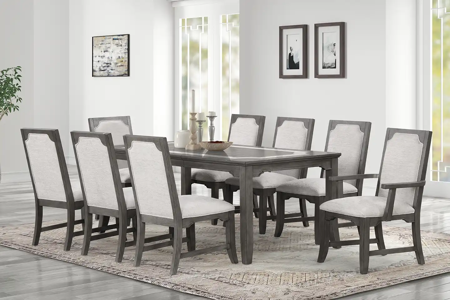 Lisbon Dining Collection in gray with upholstered chairs and extendable table featuring marble inlay