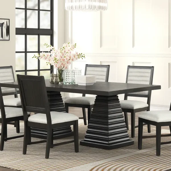 Plateau Dining Collection with espresso wood table and upholstered chairs