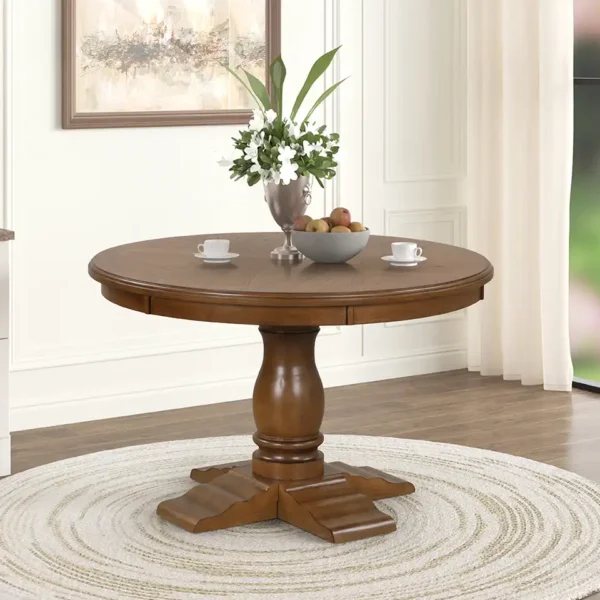 Sunset Dining Table in Chestnut Brown finish with round top and pedestal base by New Classic Furniture