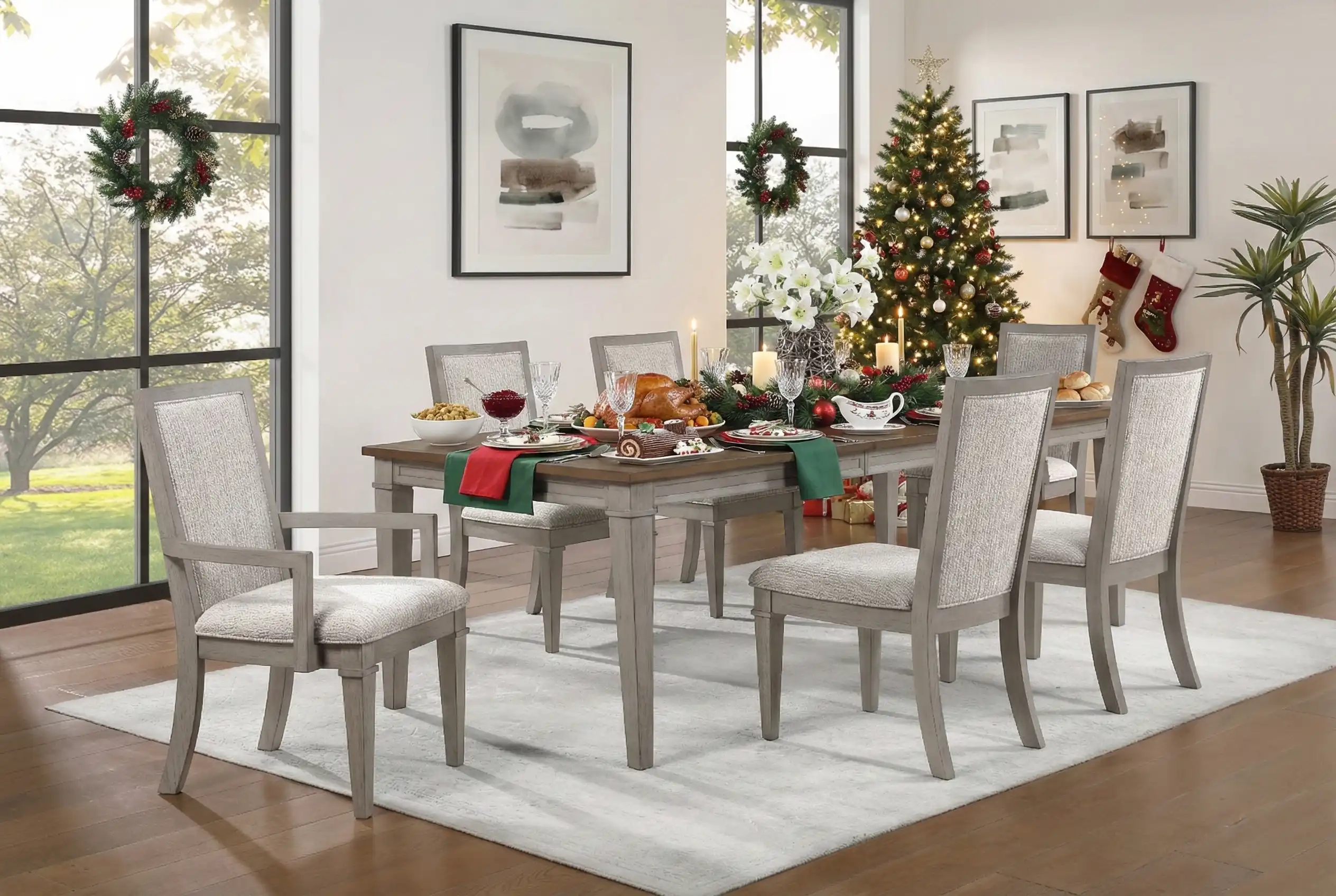 Holiday hosting dining table set with food and decorations