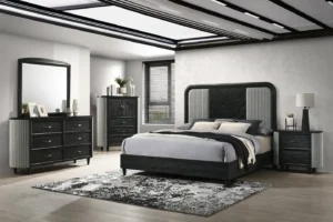 Skyline Onyx Black Bedroom Collection with textured gray fabric accents