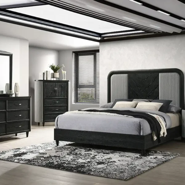 Skyline Onyx Black Bedroom Collection with textured gray fabric accents
