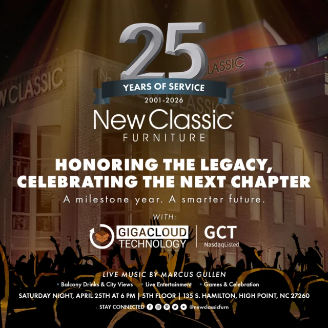 We’re celebrating 25 years—come be part of it as we honor the legacy and celebrate what’s next 🎉

📍 5th Floor
🕕 6 PM
🎶 Live music, drinks, games & more

#HighPointMarket #NewClassicFurniture #25Years